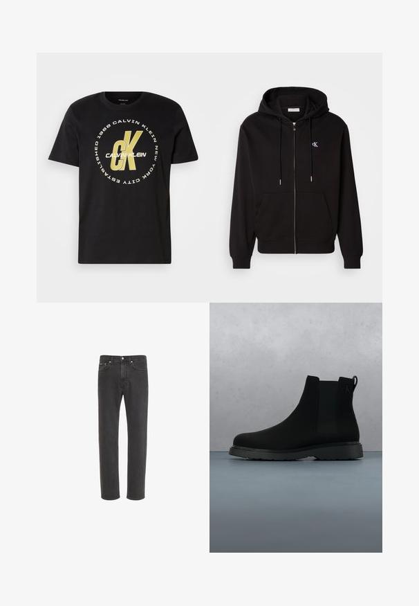Schwarze Zip-Hoodie aus weichem Material. Mit einer Kapuze mit Kordelzug, Fronttaschen und einem kleinen gestickten Logo auf der Brust.; Schwarzes Baumwoll-T-Shirt mit kurzen Ärmeln, rundem Ausschnitt und großem weißen und goldenen Grafiklogo mit "Calvin Klein" und "CK."; Schwarze Straight-Leg-Jeans aus Denim mit Knopf- und Reißverschluss vorne, Vorder- und Gesäßtaschen, auf weißem Hintergrund dargestellt.; Schwarze Knöchelstiefel aus glattem Material mit subtilen Nähten, einer Gummisohle und einem eleganten Design, platziert auf einer Oberfläche mit Holzstruktur.