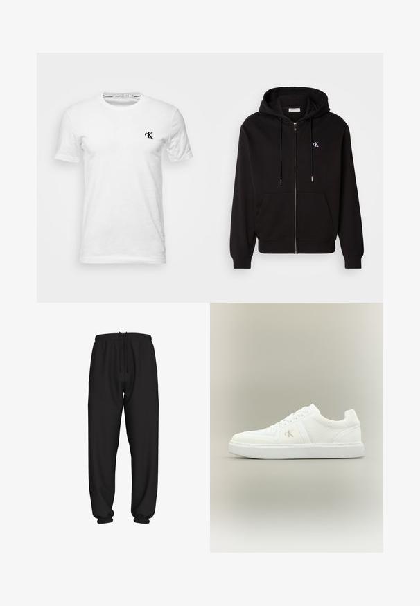 Sort zip-up hoodie lavet af blødt stof. Har en hætte med snore, frontlommer og et lille broderet logo på brystet.; Hvid T-shirt med korte ærmer og rund hals med lille sort "CK"-logo på venstre bryst, mærke Calvin Klein Jeans, størrelse medium.; Svarte løstsiddende joggingbukser med elastisk talje og manchetter, med justerbar snøre i taljen.; Hvid lavtopsneaker med snørebånd, teksturerede stofsider og subtilt "ck"-logo på ydersiden, placeret på en enkel neutral baggrund.
