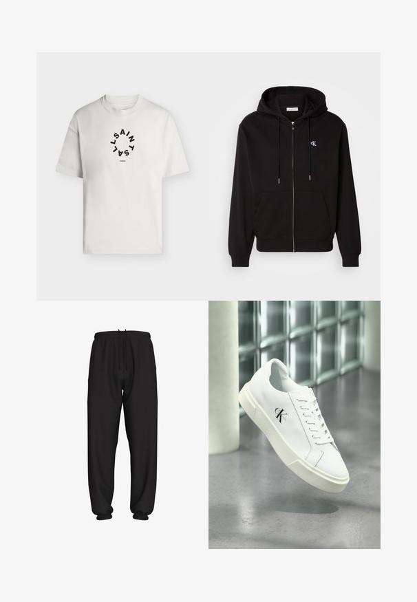 Schwarze Zip-Hoodie aus weichem Material. Mit einer Kapuze mit Kordelzug, Fronttaschen und einem kleinen gestickten Logo auf der Brust.; Weißes T-Shirt mit kurzen Ärmeln und rundem Halsausschnitt, mit schwarzem kreisförmigem Text "SAINT LAINT" und "LONDON" unter dem Kreis.; Schwarze locker sitzende Jogginghose mit elastischem Bund und Bündchen, mit verstellbarem Kordelzug in der Taille.; Weißer Calvin Klein Sneaker mit Schnürsenkeln, schwebend über einem polierten Betonboden und einer Glasbausteinwand im Hintergrund dargestellt.