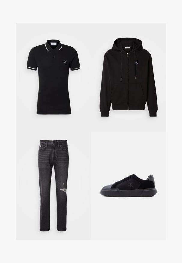 Schwarze Zip-Hoodie aus weichem Material. Mit einer Kapuze mit Kordelzug, Fronttaschen und einem kleinen gestickten Logo auf der Brust.; Schwarzes Poloshirt mit kurzen Ärmeln, weißer Paspelierung am Kragen und an den Ärmeln, Zwei-Knopf-Leiste und kleinem weißen "cK"-Logo auf der linken Brust.; Schwarze Denim-Jeans mit gerade geschnittenem Bein, ausgefransten Details an den Knien, Fünf-Taschen-Stil und einem dezenten, ausgewaschenen Finish.; Schwarzer Sneaker in Low-Top-Design mit dicker Sohle, Schnürverschluss vorne und dezente "cK"-Logo auf der Seitenpaneele.