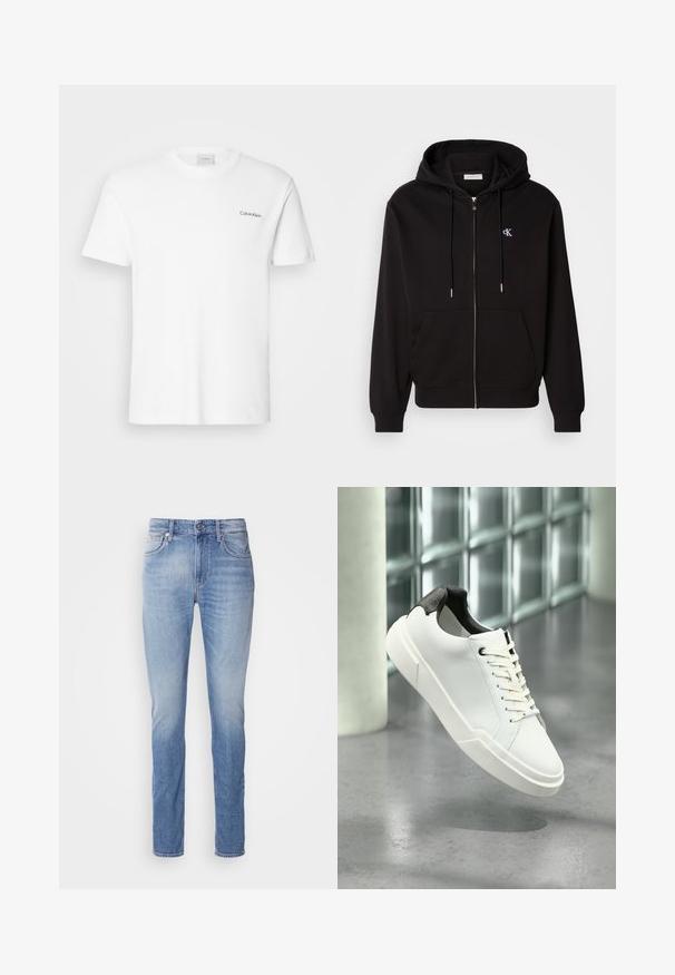Sudadera con cremallera negra hecha de una tela suave. Cuenta con una capucha con cordón, bolsillos frontales y un pequeño logotipo bordado en el pecho.; Camiseta de algodón blanca con mangas cortas y un escote en forma de cuello redondo. Presenta un pequeño logotipo negro de "Calvin Klein" en el lado izquierdo del pecho.; Jeans de mezclilla azul claro con corte recto, que presentan una cintura de altura media, cinco bolsillos y un ligero desgaste en la tela.; Zapatilla blanca de perfil bajo con lengüeta del talón texturizada en negro, cordones blancos y suela gruesa sobre un suelo de cemento pulido cerca de bloques de vidrio.