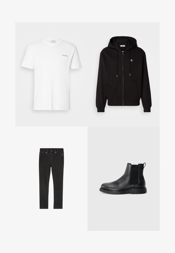 Zwarte zip-up hoodie gemaakt van zachte stof. Heeft een verstelbare capuchon, voorzakken en een klein geborduurd logo op de borst.; Witte katoen T-shirt met korte mouwen en een ronde hals. Bevat een klein zwart "Calvin Klein" logo op de linkerborst.; Zwarte denim jeans met een slanke pasvorm, voorzien van vier zakken, een metalen knoopsluiting en lichte slijtage-details. Soepele textuur en klassiek ontwerp.; Zwarte leren Chelsea boots met een gestructureerde afwerking, elastische zijpanelen en een stevige rubberen zool. Subtiele branding op de hiel.