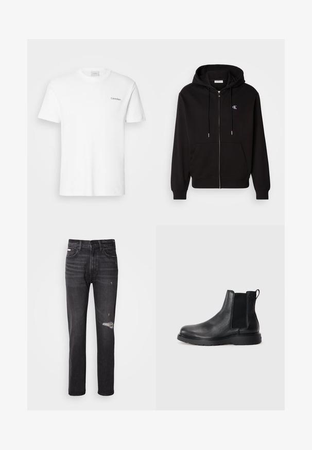 Schwarze Zip-Hoodie aus weichem Material. Mit einer Kapuze mit Kordelzug, Fronttaschen und einem kleinen gestickten Logo auf der Brust.; Weißes Baumwoll-T-Shirt mit kurzen Ärmeln und Rundhalsausschnitt. Mit einem kleinen schwarzen "Calvin Klein"-Logo auf der linken Brust.; Schwarze Denim-Jeans mit gerade geschnittenem Bein, ausgefransten Details an den Knien, Fünf-Taschen-Stil und einem dezenten, ausgewaschenen Finish.; Schwarze Leder-Chelsea-Boots mit strukturiertem Finish, elastischen seitlichen Einsätzen und einer robusten Gummisohle. Dezentes Branding an der Ferse.