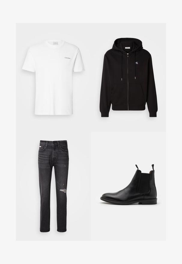 Schwarze Zip-Hoodie aus weichem Material. Mit einer Kapuze mit Kordelzug, Fronttaschen und einem kleinen gestickten Logo auf der Brust.; Weißes Baumwoll-T-Shirt mit kurzen Ärmeln und Rundhalsausschnitt. Mit einem kleinen schwarzen "Calvin Klein"-Logo auf der linken Brust.; Schwarze Denim-Jeans mit gerade geschnittenem Bein, ausgefransten Details an den Knien, Fünf-Taschen-Stil und einem dezenten, ausgewaschenen Finish.; Schwarze Leder-Chelsea-Stiefel mit elastischen Seitenpanels, runder Zehenkappe, Zuglaschen und einem niedrigen, gestapelten Absatz. Glatte Textur und klassisches Design.