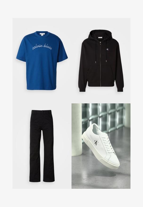 Sort zip-up hoodie lavet af blødt stof. Har en hætte med snore, frontlommer og et lille broderet logo på brystet.; Blå bomulds t-shirt med rund hals og korte ærmer, med "calvin klein" elegant broderet i hvid kursiv over brystet.; Sort bomuldsbukser med lige ben, der har knaplukning og bæltestropper. Glat tekstur og minimalistisk stil uden synlige mønstre.; Hvid Calvin Klein sneaker med snørebånd, vist svævende over en poleret betongulv og en baggrund af glasblokke.