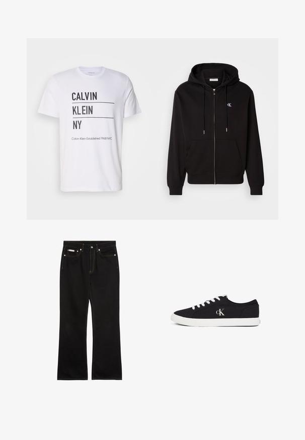 Zwarte zip-up hoodie gemaakt van zachte stof. Heeft een verstelbare capuchon, voorzakken en een klein geborduurd logo op de borst.; Witte t-shirt met zwarte tekst "CALVIN KLEIN NY," met twee horizontale lijnen en aanvullende tekst "Calvin Klein Established 1968 NYC" aan de onderkant.; Zwarte jeans met rechte pijpen, oranje stiksels, vijf zakken, knoopsluiting en een klein Calvin Klein-label op de voorste rechterzak.; Zwarte lage sneaker met witte veters en zool, met "cK" logo aan de zijkant, weergegeven op een witte achtergrond.