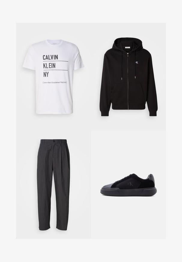 Zwarte zip-up hoodie gemaakt van zachte stof. Heeft een verstelbare capuchon, voorzakken en een klein geborduurd logo op de borst.; Witte t-shirt met zwarte tekst "CALVIN KLEIN NY," met twee horizontale lijnen en aanvullende tekst "Calvin Klein Established 1968 NYC" aan de onderkant.; Donkergrijze rechte broek met riemlussen, sluiting met knoop aan de voorkant en zijzakken op een effen lichte achtergrond.; Zwarte lage sneaker met dikke zool, veters aan de voorkant en een subtiel "cK"-logo op het zijpaneel.
