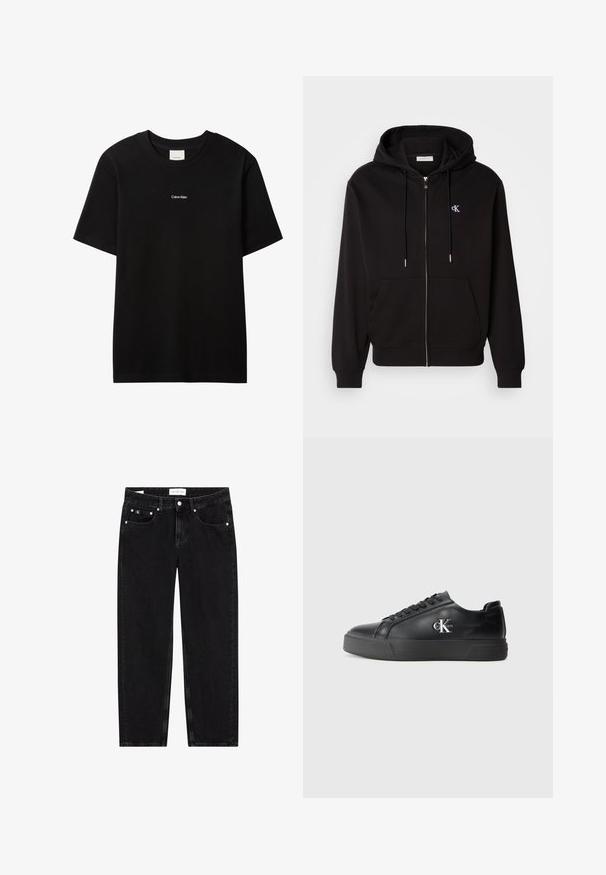 Haut à capuche zippé noir en tissu doux. Comprend une capuche avec cordon de serrage, des poches avant et un petit logo brodé sur la poitrine.; T-shirt en coton noir avec col rond et manches courtes. Présente un petit logo "Calvin Klein" blanc sur le devant. Coupe classique et lisse.; Jeans en denim noir avec une coupe droit, texture légèrement déchirée, cinq poches et détails en métal argenté. Étiquette sur la ceinture.; Baskets en cuir noir avec un bout arrondi, semelle plate noire et lacets ton sur ton. Présente un logo argenté sur le côté, texture lisse sur l'ensemble.