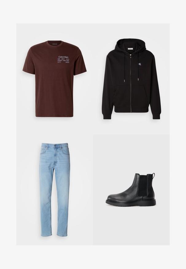 Μαύρη φούτερ hoodie με φερμουάρ, κατασκευασμένη από μαλακό ύφασμα. Διαθέτει κουκούλα με κορδόνι, μπροστινές τσέπες και ένα μικρό κεντητό λογότυπο στο στήθος.; Καφέ βαμβακερό T-shirt με κοντά μανίκια, στρογγυλή λαιμόκοψη και εκτυπωμένα κείμενα σε λευκό και ανοιχτό μπλε. Το κείμενο περιλαμβάνει λεπτομέρειες για την επωνυμία και τη διεύθυνση.; Ανοιχτό μπλέ τζιν παντελόνι με ίσια γραμμή, πέντε τσέπες και θηλιές ζώνης. Το ύφασμα έχει απαλή υφή με ελαφριά φθορά.; Μαύρα δερμάτινα μποτίνια Chelsea με υφή, ελαστικές πλαϊνές ταινίες και ανθεκτική καουτσούκ σόλα. Διακριτική σήμανση στη φτέρνα.