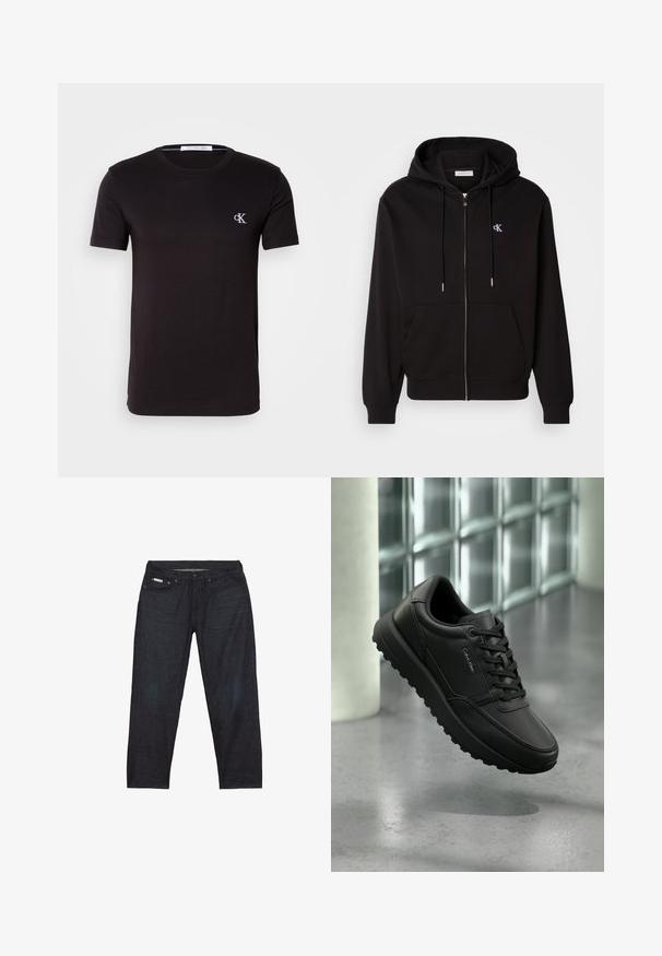 Schwarze Zip-Hoodie aus weichem Material. Mit einer Kapuze mit Kordelzug, Fronttaschen und einem kleinen gestickten Logo auf der Brust.; Schwarzes T-Shirt mit kurzen Ärmeln und Rundhalsausschnitt mit kleinem weißen "cK" Logo auf der linken Brust und Calvin Klein Jeans Label innen im Kragen.; Dunkelblaue Jeans aus Denim mit geradem Bein, ausgestattet mit fünf Taschen und minimalen Nahtdetails für ein sauberes Aussehen.; Schwarzer Calvin Klein Sneaker aus Leder mit Schnürsenkeln, robuster Sohle, schwebend über einem polierten Betonboden vor einem Hintergrund aus Glasbausteinwand.