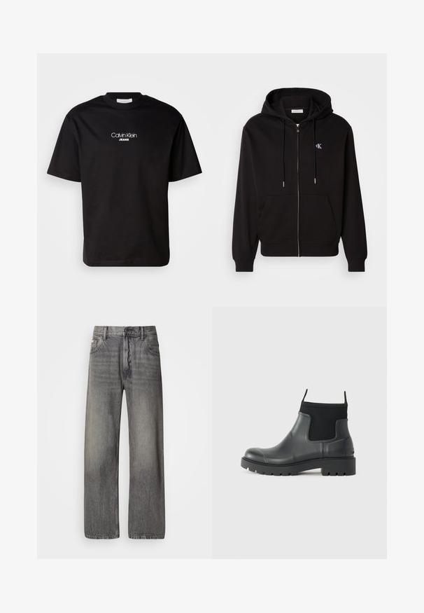 Schwarze Zip-Hoodie aus weichem Material. Mit einer Kapuze mit Kordelzug, Fronttaschen und einem kleinen gestickten Logo auf der Brust.; Schwarzes Baumwoll-T-Shirt mit Rundhalsausschnitt, kurzen Ärmeln und weißem "Calvin Klein JEANS"-Logo auf der Vorderseite. Einfaches und geradliniges Design.; Weit geschnittene Jeans aus dunkelgrauem Denim mit ausgewaschenem Finish. Verfügt über klassisches Fünf-Taschen-Design und Gürtelschlaufen.; Schwarze Knöchelstiefel aus Gummi mit matter Oberfläche, die ein schlankes Design, elastische Einsätze und eine robuste Sohle für bessere Bodenhaftung bieten.
