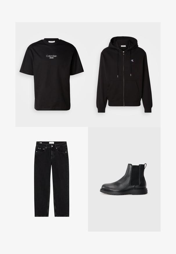 Sort zip-up hoodie lavet af blødt stof. Har en hætte med snore, frontlommer og et lille broderet logo på brystet.; Sort bomulds t-shirt med rund hals, korte ærmer og hvid "Calvin Klein JEANS" logo på forsiden. Simpel og lige skåret design.; Sorte denim jeans med lige pasform, let slidte teksturer, fem lommer og sølvfarvede detaljer. Mærke på taljebåndet.; Sorte læder chelsea støvler med tekstureret finish, elastiske sidepaneler og en robust gummisål. Subtil branding på hælen.