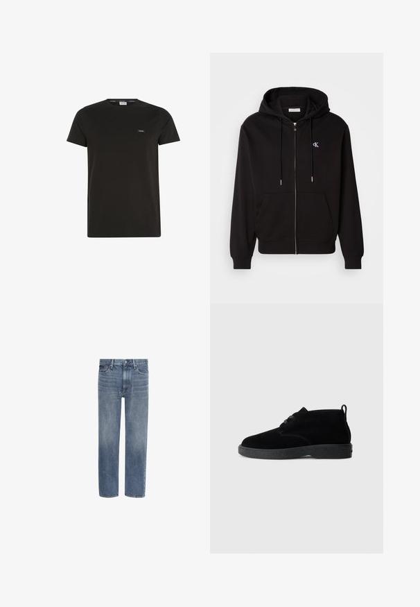 Haut à capuche zippé noir en tissu doux. Comprend une capuche avec cordon de serrage, des poches avant et un petit logo brodé sur la poitrine.; T-shirt en coton noir avec un col rond et des manches courtes, portant une petite étiquette de marque sur la poitrine. Texture lisse, design décontracté.; Jean en denim bleu à jambes droites, avec poches avant, passants de ceinture et fermeture par bouton.; Bottines en suédine noire à bout rond, à lacets, avec une semelle en caoutchouc noire et une languette à l'arrière pour un enfilage facile.