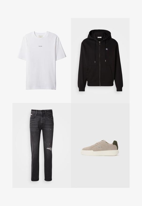 Sort zip-up hoodie lavet af blødt stof. Har en hætte med snore, frontlommer og et lille broderet logo på brystet.; Hvid bomuld t-shirt med rund hals og korte ærmer. Har en lille sort "Calvin Klein"-logo centreret på brystet.; Sorte denim jeans med lige ben-design, distressed detaljer ved knæene, fem-lommestil og en diskret falmet finish.; Beige ruskinds sneakers med en hvid gummisål, der har en mørkegrøn hælaccent og subtil branding på siden.
