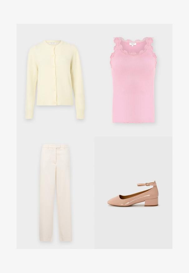 Knap-op cardigan i lys gul med en blød tekstur, rund udskæring og lange ærmer. Har seks knapper foran og ribstrikkede manchetter.; Rosa ribbet, ærmeløs top med blonder trim rundt halsudskæring og ærmegab, størrelse small, mærke med brandet "Rosemunde."; Beige bukser med lige ben design, lavet af et glat stof. Har en talje med bæltestropper og en frontlynlås.; Patentlakerede lyserøde flade sko med rund tå, ankelstrop og lav blokhæl. Glat tekstur og minimalistisk design.