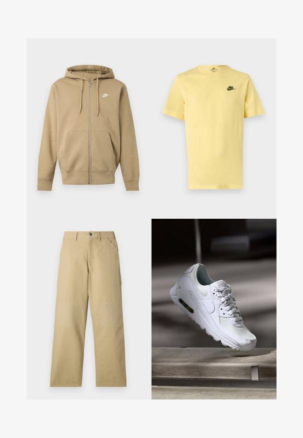Beež värvi kapuutsiga lukuga dressipluus esitaskute, reguleeritavate kapuutsinarude ja valge Nike logoga vasakul rinnal.; Hele kollane lühikeste varrukatega Nike T-särk rohelise Nike logoga vasakul rinnal, esitatud ühevärvilisel heledal taustal.; Khaki puuvillased püksid, sirge jala disainiga, millel on valge ristpatterndega õmblused põlveplekkidel ning ees nööbid.; Valged Nike Air Max 90 sneakers, millel on võrkkangast ja nahast ülemine osa, aukudega varbadosa ning nähtav õhuüksus kandades.