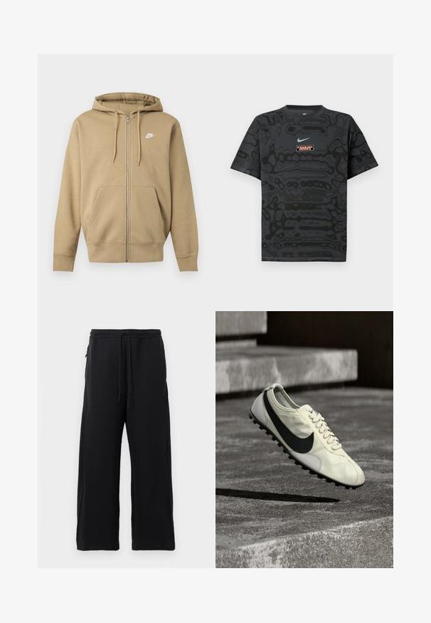 Beige hættetrøje med lynlås, forlommer, justerbare hættesnore og hvid Nike-logo på venstre bryst.; Sort T-shirt med et tekstureret mønster, der har en lille Nike-logo i lyseblå og en rektangulær logo-patch i kontrastfarver.; Sorte joggingbukser lavet af blødt stof, med snoretræk i livet, bred ben-design og sidelommer med en glat overflade.; Hvid Nike-sneaker med sort Swoosh-logo, snørebånd og gummisål med trækkraft, vist midt i luften over betonstrappen.