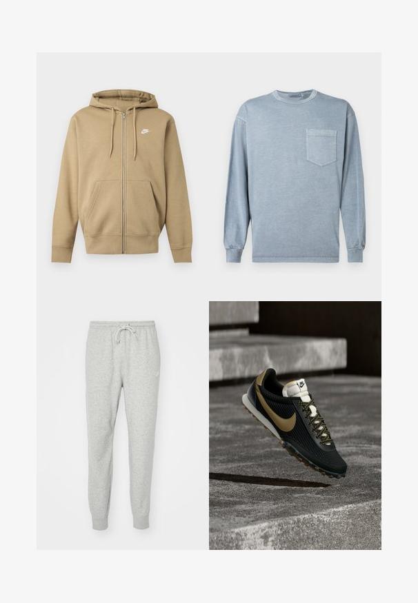 Beež värvi kapuutsiga lukuga dressipluus esitaskute, reguleeritavate kapuutsinarude ja valge Nike logoga vasakul rinnal.; Sinise värvi pehmetest puuvillast pika varrukaga T-särk, millel on ümmargune kaelus ja rinnatasku peene õmblusdetailiga.; Hallid hallid dressipüksid, mis on valmistatud pehmest materjalist, millel on elastne vöökoht, paelakk ja ribakäised. Küljel on väike logo.; Must ja kuldne Nike jooksujalats tekstuurse pealispinna ja mustriliste paeltega, hõljumas karest betoonpinnast ja treppidest kõrgemal.