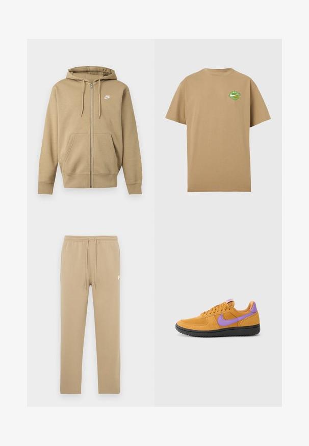 Beiger Hoodie mit Reißverschluss, Fronttaschen, verstellbaren Kapuzenbändern und weißem Nike-Logo auf der linken Brust.; Beige T-Shirt mit kurzen Ärmeln und einem kleinen grünen und weißen runden Logo auf der linken Brust, das einen Schwung und Text zeigt.; Beige Sweatpants mit elastischem Bund und Kordelzug, mit kleinem weißen Nike-Logo am oberen linken Oberschenkel.; Orange Wildlederschuh mit lila Akzenten, mit einem Schnürdesign, runder Zehenform und strukturiertem schwarzen Gummisohle.