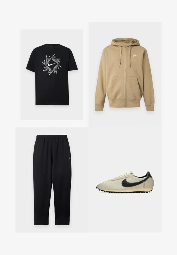 Sudadera beige con cremallera, bolsillos frontales, cordones ajustables en la capucha y logo blanco de Nike en el pecho izquierdo.; Camiseta negra de manga corta con el símbolo blanco de Nike en el centro, rodeado por un diseño circular dinámico con picos.; Pantalones deportivos negros con cintura elástica, con un pequeño logo blanco en el lado izquierdo. Hechos de tela suave y ligera. Diseño de pierna recta.; Zapatillas de lona beige con acentos de cuero negro, puntera redondeada, suela plana negra y cordones blancos. Presenta un logotipo negro destacado.