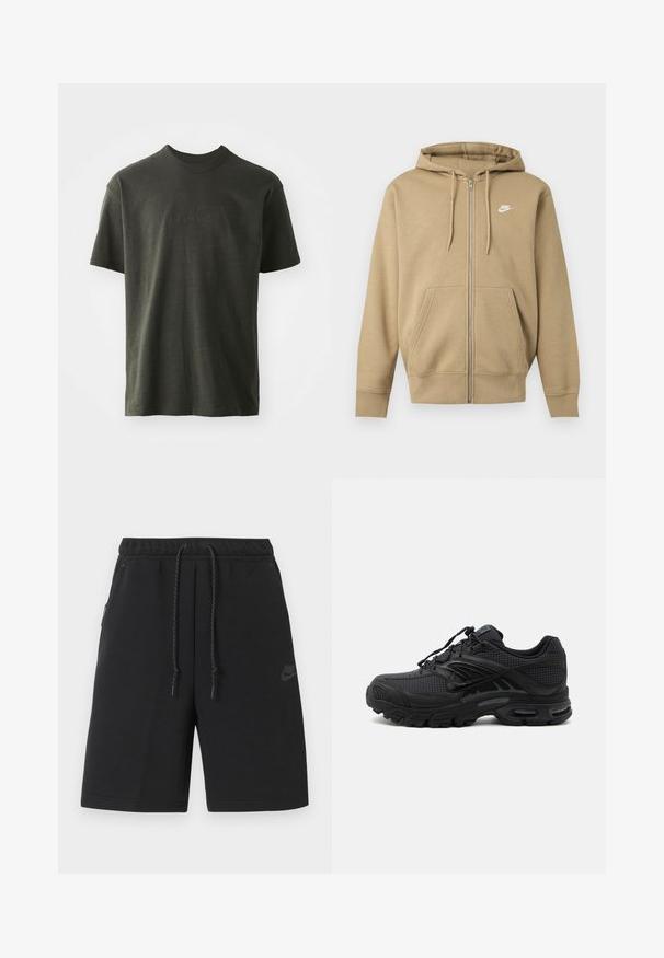 Beiger Hoodie mit Reißverschluss, Fronttaschen, verstellbaren Kapuzenbändern und weißem Nike-Logo auf der linken Brust.; Dunkelgrünes T-Shirt aus weichem Stoff, mit Rundhalsausschnitt und kurzen Ärmeln. Gesticktes "nike"-Logo in einem etwas dunkleren Grün.; Schwarze Nike Sportshorts mit elastischem Bund, Kordelzug, Seitentaschen und dezentem Logo am linken Oberschenkel.; Schwarzer athletischer Sneaker mit strukturiertem Stoff, dicker gepolsterter Sohle, Luftauslässen und Schnürverschluss, von der Seite auf hellem Hintergrund gezeigt.