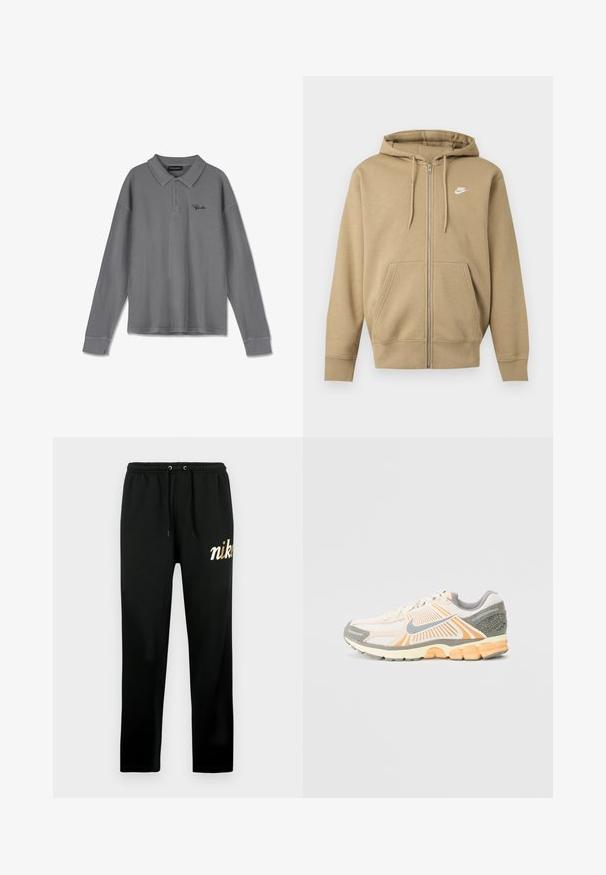 Béžová mikina na zips s kapucňou, prednými vreckami, nastaviteľnými šnúrkami na kapucni a bielym logom Nike na ľavej strane hrudníka.; Dlhý rukáv polo tričko v pruhovanej šedej látke. Obsahuje golier, pruh s tromi gombíkmi a jemné čierne logo na hrudi.; Čierne tepláky z jemnej látky, s elastickým pásom so sťahovacími šnúrkami, zúženými nohavicami a zlatou vyšívanou značkou "nike".; Ľahká bežecká obuv v krémovej a oranžovej farbe, s hornou časťou z kože, polstrovaným golierom a štruktúrovanými sivými akcentmi na päte a podrážke.