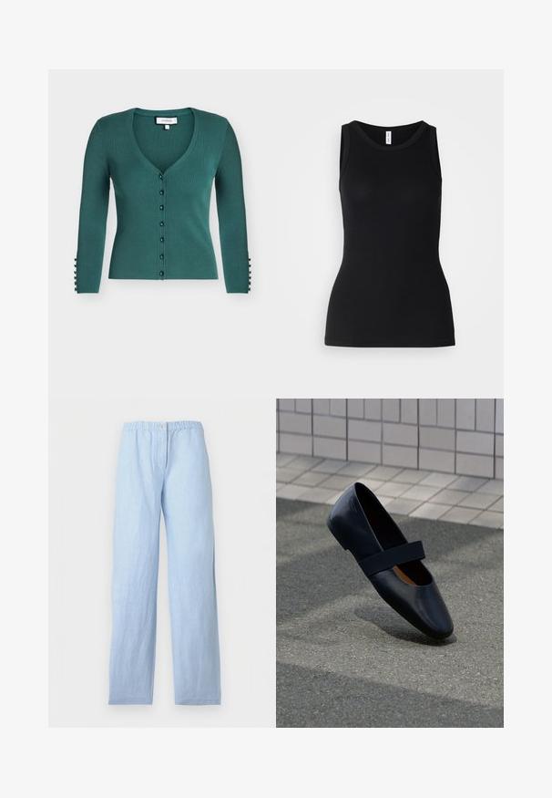 Türkis gerippte Strickjacke mit V-Ausschnitt, Knöpfen vorne und dekorativen Knöpfen an dreiviertel Ärmeln, Größe klein.; Schwarzes ärmelloses Tanktop aus geripptem Stoff, mit rundem Ausschnitt und figurbetontem Design, glatter Textur und ohne Muster.; Hellblaue Hose aus Leinenmischung mit elastischem Bund, Knopfverschluss, gerade geschnitten, vor weißem Hintergrund dargestellt.; Schwarze Leder-Ballerina mit runder Zehenpartie, ausgestattet mit einem weichen schwarzen Elastikband über dem Vorderfuß. Glatte Textur und minimalistisches Design.