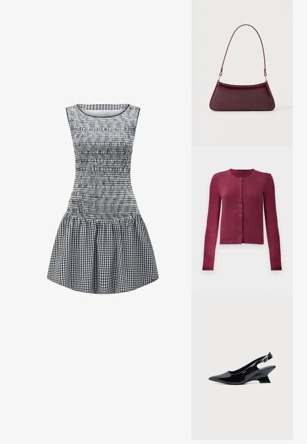 Gilet boutonné à manches longues côtelé en rose foncé, avec un col rond et sept boutons noirs et argentés sur le devant.; Robe en vichy noir et blanc avec un corsage ajusté, une texture froncée et une jupe évasée. Encolure ronde simple et design sans manches.; Chaussure slingback en cuir verni noir avec bout pointu et petit talon bloc incliné sur fond clair uni.; Sac à main brillant bordeaux foncé avec une anse fine unique et une forme trapézoïdale élégante sur un fond clair uni.
