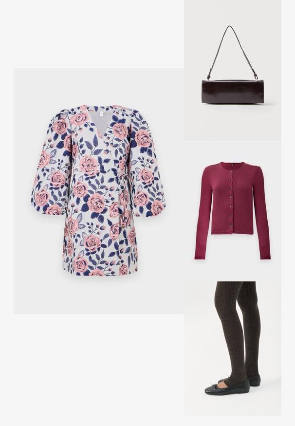 Geribde langwerpige button-up cardigan in donkerroze met ronde halslijn en zeven zwarte en zilveren knopen aan de voorkant.; Bloemen wikkeljurk met een lichtgrijze achtergrond, roze rozen, donkerblauwe bladeren en driekwart pofmouwen. Met strik in de taille.; Benen met donkere geribbelde leggings gecombineerd met zwarte ballerina's met kleine strikdetails op een witte achtergrond.; Rechthoekige zwarte leren handtas met een enkele lange schouderband en een glanzende afwerking, weergegeven tegen een effen witte achtergrond.