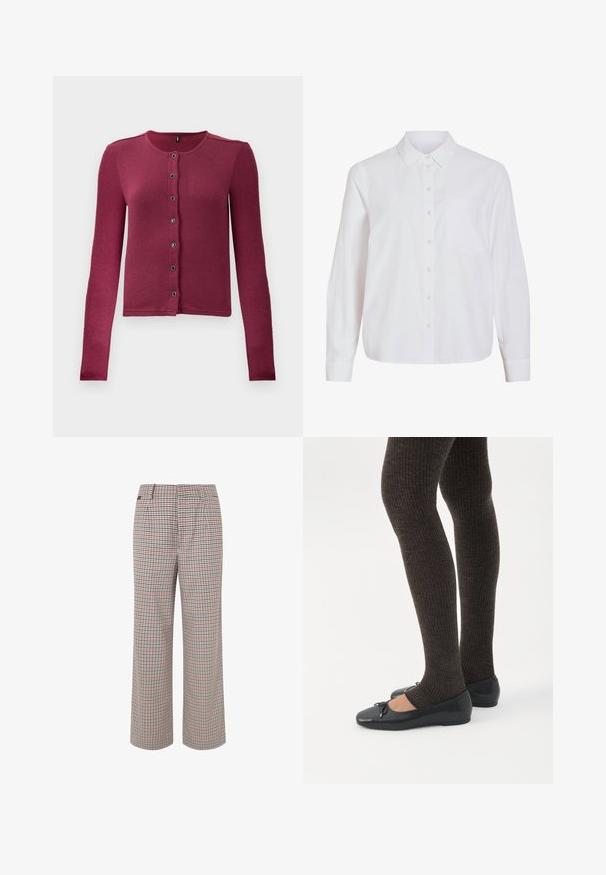 Ribbede langærmede knap-up cardigan i mørk pink med rund hals og syv sorte og sølv knapper ned langs fronten.; Hvid skjorte med lange ærmer, knapper foran, klassisk krave, enkelt brystlomme, lavet af glat, let stof med løs pasform.; Tjekkede bukser i beige, rød og marineblå. Bred ben-design med skræddersyet talje og plisseringer, der har en tekstureret stoffinish.; Ben iført mørke ribbede leggings kombineret med sorte balletsko med små sløjfedetaljer på hvid baggrund.