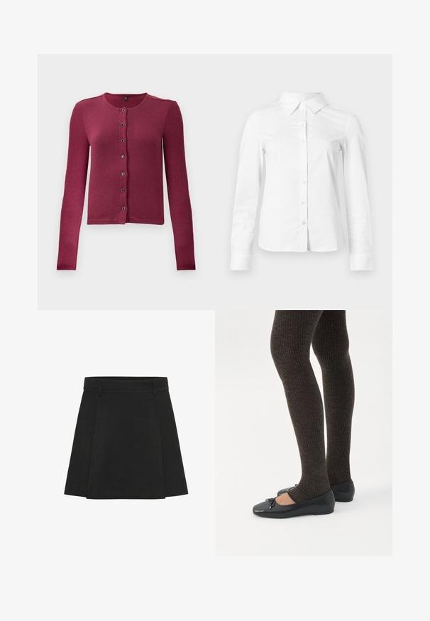 Gilet boutonné à manches longues côtelé en rose foncé, avec un col rond et sept boutons noirs et argentés sur le devant.; Chemise blanche à manches longues avec boutons, col pointu, ourlet droit et silhouette ajustée, présentée sur un fond clair uni.; Jupe plissée noire avec une taille structurée. Fabriquée à partir d'un tissu texturé, elle présente des plis distincts et un ourlet droit.; Jambes portant des leggings côtelés foncés associés à des ballerines noires avec de petits détails en nœud sur fond blanc.