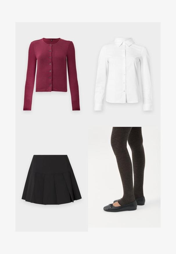 Gilet boutonné à manches longues côtelé en rose foncé, avec un col rond et sept boutons noirs et argentés sur le devant.; Chemise blanche à manches longues avec boutons, col pointu, ourlet droit et silhouette ajustée, présentée sur un fond clair uni.; Mini-jupe plissée noire avec une large ceinture, des plis verticaux espacés uniformément et un ourlet légèrement évasé.; Jambes portant des leggings côtelés foncés associés à des ballerines noires avec de petits détails en nœud sur fond blanc.
