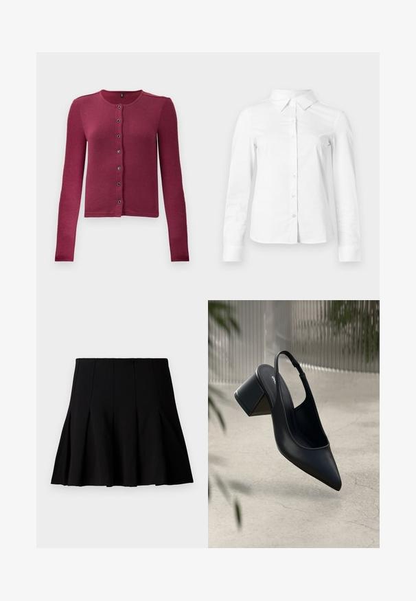 Gilet boutonné à manches longues côtelé en rose foncé, avec un col rond et sept boutons noirs et argentés sur le devant.; Chemise blanche à manches longues avec boutons, col pointu, ourlet droit et silhouette ajustée, présentée sur un fond clair uni.; Jupe noire courte plissée en tissu lisse. Dispose d'une taille élastique et d'une silhouette évasée qui s'étend jusqu'au milieu de la cuisse.; Escarpin noir en cuir avec un bout pointu et un talon bloc. Texture lisse, design minimaliste et bride de cheville réglable.