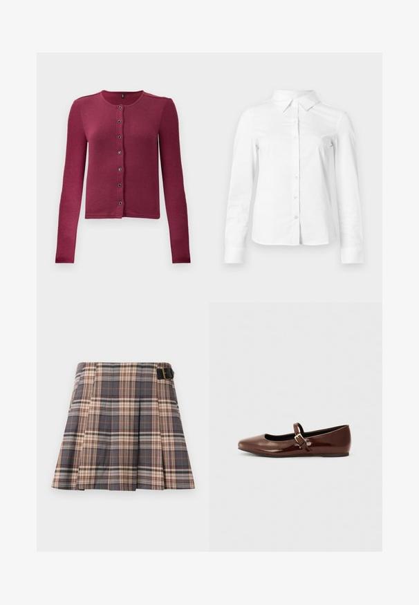 Gilet boutonné à manches longues côtelé en rose foncé, avec un col rond et sept boutons noirs et argentés sur le devant.; Chemise blanche à manches longues avec boutons, col pointu, ourlet droit et silhouette ajustée, présentée sur un fond clair uni.; Jupe à carreaux gris, beige et rouille ; présente des plis, un détail de boucle et une conception structurée. Fabriquée en tissu tissé.; Ballerine en cuir verni marron avec un bout carré et une lanière ornée d'une petite boucle dorée. Texture lisse, talon bas et design minimaliste.