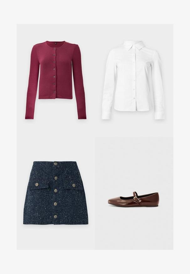 Ribbede langærmede knap-up cardigan i mørk pink med rund hals og syv sorte og sølv knapper ned langs fronten.; Hvid skjorte med lange ærmer, knapper, spids krave, lige kant og tætsiddende silhuet, vist på en ensartet lys baggrund.; Dame denim mini nederdel i mørk marineblå med en spraglet tekstur, der har en række af fem metalliske knapper og to forreste klaplommer.; Brun patentlæder balletflade med firkantet tå og strop med en lille guldbuckle. Glat tekstur, lav hæl og minimalistisk design.