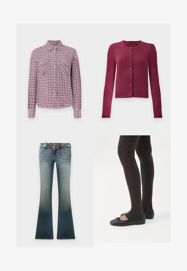 Geribde langwerpige button-up cardigan in donkerroze met ronde halslijn en zeven zwarte en zilveren knopen aan de voorkant.; Paarse en roze geruite button-up shirt met een kraag, twee borstzakken en lange mouwen. Gemaakt van stof met een geblokt patroon.; Wijde spijkerbroeken in een verloop van licht naar donkerblauw, met een geborduurde tailleband en een bruine koordsluiting voor extra detail.; Benen met donkere geribbelde leggings gecombineerd met zwarte ballerina's met kleine strikdetails op een witte achtergrond.
