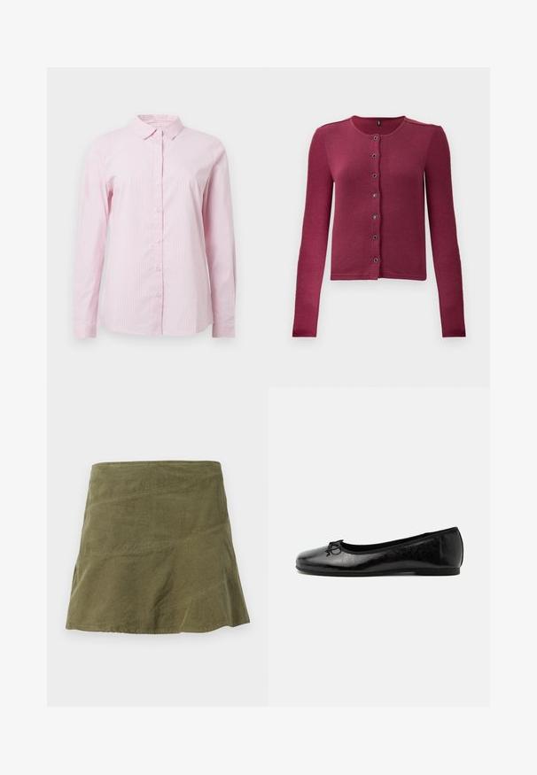 Värmad långärmad knäppad cardigan i mörkrosa med rund halsringning och sju svarta och silverfärgade knappar fram.; Vaaleanpunainen raidallinen nappikauluspaita, jossa on pitkähihaiset hihat ja edessä napit. Valmistettu kevyestä kankaasta, jolla on sileä pinta.; Vihreä samettihame, jossa on liehuva malli, kaltevat saumot ja hienovarainen pinta. Keskipitkä muotoilu ilman näkyviä kiinnityksiä.; Musta kiiltävä nahkainen ballerina, matalalla korolla ja pienellä koristeellisella rusetilla edessä, nähtynä sivulta yksivärisellä vaalealla taustalla.