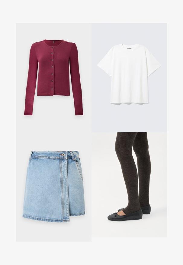Ribbede langærmede knap-up cardigan i mørk pink med rund hals og syv sorte og sølv knapper ned langs fronten.; Hvid T-shirt med korte ærmer og rund halsudskæring med en afslappet pasform og et "WEEKDAY" mærke på indersiden af nakken bagtil.; Lyseblå denimskørt med lige snit, frontknaplukning og kontrasterende syninger langs sømmene. Ingen synlige lommer.; Ben iført mørke ribbede leggings kombineret med sorte balletsko med små sløjfedetaljer på hvid baggrund.