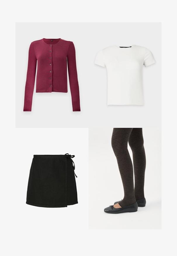 Geribde langwerpige button-up cardigan in donkerroze met ronde halslijn en zeven zwarte en zilveren knopen aan de voorkant.; Wit geribbeld gebreid T-shirt met korte mouwen en een ronde hals, weergegeven op een effen lichtgrijze achtergrond.; Zwarte katoenen wikkelrok met striksluiting, een rechte snit en een zoom op middeldij. Heeft een soepele textuur en een minimalistisch ontwerp.; Benen met donkere geribbelde leggings gecombineerd met zwarte ballerina's met kleine strikdetails op een witte achtergrond.