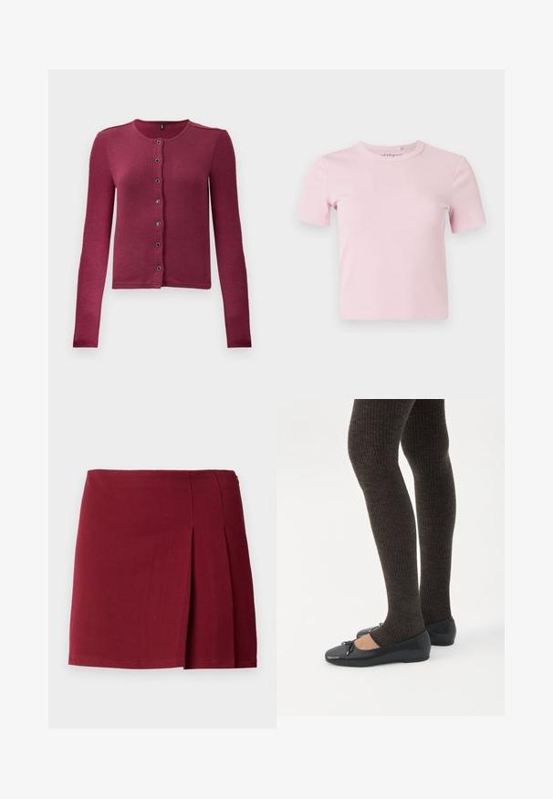 Gilet boutonné à manches longues côtelé en rose foncé, avec un col rond et sept boutons noirs et argentés sur le devant.; T-shirt côtelé rose clair à manches courtes avec un col rond et une coupe ajustée. Le tissu a une texture douce et un design minimaliste.; Jupe mini plissée bordeaux avec une texture lisse, taille ajustée et fermeture à glissière sur le côté. Design simple et minimaliste sans motifs.; Jambes portant des leggings côtelés foncés associés à des ballerines noires avec de petits détails en nœud sur fond blanc.