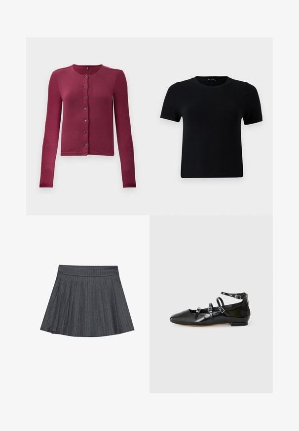Gilet boutonné à manches longues côtelé en rose foncé, avec un col rond et sept boutons noirs et argentés sur le devant.; T-shirt noir à manches courtes avec un col rond, fabriqué en tissu doux. Présente une coupe classique et un design épuré et simple.; Jupe patineuse grise à rayures générales avec une taille ajustée, en forme évasée A et texture de tissu douce. Les lignes verticales renforcent l'intérêt visuel.; ALDO NELTA - Ballerines - black