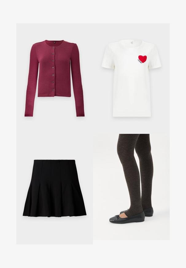 Ribbede langærmede knap-up cardigan i mørk pink med rund hals og syv sorte og sølv knapper ned langs fronten.; Hvid T-shirt med korte ærmer, prydet med et rødt hjerte og ordet "AMOUR" trykt på venstre bryst.; Sort kort plisseret nederdel lavet af et glat stof. Har en elastisk talje og en flagrende silhuet, der når til midten af låret.; Ben iført mørke ribbede leggings kombineret med sorte balletsko med små sløjfedetaljer på hvid baggrund.