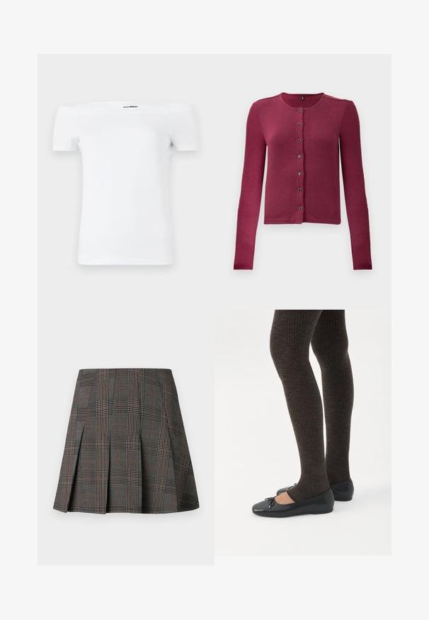 Cárdigan de botones de manga larga con relieve en rosa oscuro, con cuello redondo y siete botones negros y plateados en la parte delantera.; Camiseta blanca de tirantes caídos con mangas cortas, hecha de un suave material de algodón, con un diseño ajustado y un dobladillo inferior recto.; Falda de cuadros gris con pliegues, con intrincados patrones en blanco y negro, acentuados por delgadas líneas rojas. Está hecha de una tela estructurada.; Piernas con leggings oscuros acanalados combinados con bailarinas negras que presentan pequeños detalles de lazo sobre un fondo blanco.