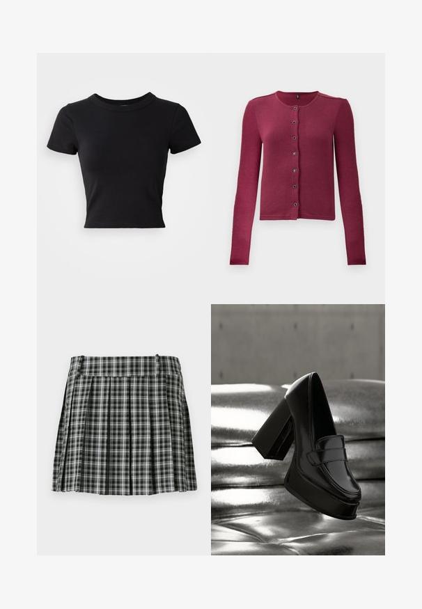 Ribbede langærmede knap-up cardigan i mørk pink med rund hals og syv sorte og sølv knapper ned langs fronten.; Sort cropped t-shirt lavet af solid bomuld, med korte ærmer og rund halsudskæring, med et glat og enkelt design.; Sort-hvidt ternet plisseret nederdel med en glat talje og flere lodrette folder. Fremstillet af let stof.; Sort laklæder plateau-loafer med chunky blokhæl, der svæver over en blank metallisk polstret overflade.