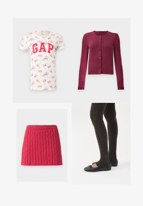 Gilet boutonné à manches longues côtelé en rose foncé, avec un col rond et sept boutons noirs et argentés sur le devant.; T-shirt blanc à manches courtes avec imprimé floral coloré et grande inscription rouge "GAP" sur la poitrine.; Mini-jupe rouge tricotée avec motif torsadé vertical et taille et ourlet côtelés sur fond blanc.; Jambes portant des leggings côtelés foncés associés à des ballerines noires avec de petits détails en nœud sur fond blanc.