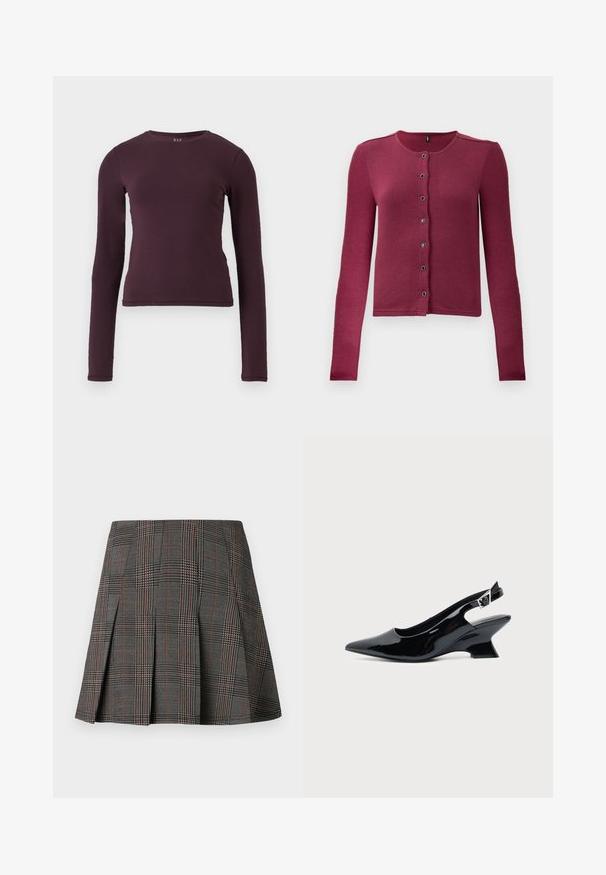 Gilet boutonné à manches longues côtelé en rose foncé, avec un col rond et sept boutons noirs et argentés sur le devant.; Haut à manches longues et col rond en violet foncé, fabriqué en tissu doux et extensible. Présente un design ajusté sans motifs ni accents visibles.; Jupe à carreaux gris avec des plis, ornée de motifs complexes en noir et blanc, accentuée par de fines lignes rouges. Fabriquée dans un tissu structuré.; Chaussure slingback en cuir verni noir avec bout pointu et petit talon bloc incliné sur fond clair uni.
