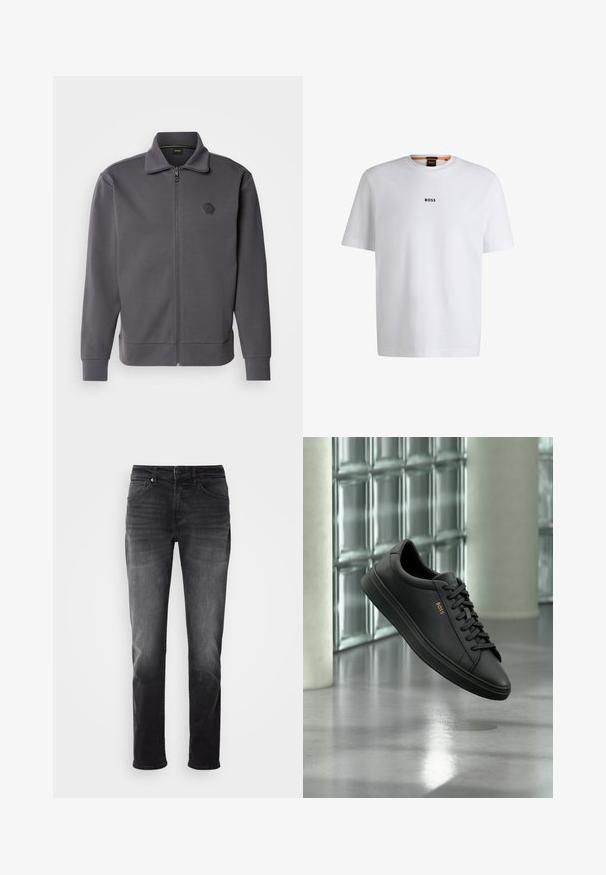 Veste zippée grise en tissu lisse, dotée d'un col montant, de poignets côtelés et d'un logo en forme d'hexagone sur la poitrine gauche.; T-shirt en coton blanc à manches courtes, avec un logo noir "BOSS" centré sur la poitrine et un design à col rond.; Jeans en denim noir avec une coupe droite. Comprend une fermeture à bouton et à zip, cinq poches et un léger délavage sur le tissu.; Baskets basses en cuir noir avec lacets noirs et logo BOSS doré sur le côté, flottant au-dessus d’un sol gris brillant dans un espace intérieur moderne.