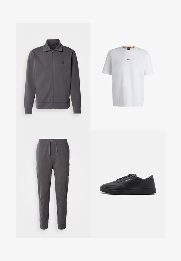 Veste zippée grise en tissu lisse, dotée d'un col montant, de poignets côtelés et d'un logo en forme d'hexagone sur la poitrine gauche.; T-shirt en coton blanc à manches courtes, avec un logo noir "BOSS" centré sur la poitrine et un design à col rond.; Pantalons de jogging gris en tissu doux avec taille élastique et cordon de serrage, dotés de poches latérales et d'un design effilé aux chevilles.; Baskets en cuir noir avec une texture lisse, bout rond, semelle en caoutchouc plate et lacets ton sur ton. Présente une marque "BOSS" dorée sur le côté.