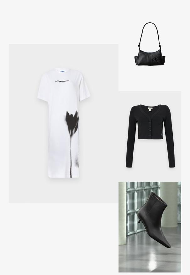 Zwarte cropped cardigan van ribgebreide stof. Heeft lange mouwen, een V-hals en een rij van zes knopen aan de voorkant. Minimalistisch design.; Witte t-shirt jurk met een zwart spray-geverfd bloemenontwerp. Weergegeven logo "karl lagerfeld jeans" in zwart, ronde halslijn, korte mouwen.; Zwarte leren enkellaars met puntige neus en lage hak, afgebeeld tegen een glazen blokkenmuur en gepolijste vloer op de achtergrond.; Zwarte leren schoudertas met lange band, zijvakjes en een reliëflogo van Calvin Klein aan de voorkant.