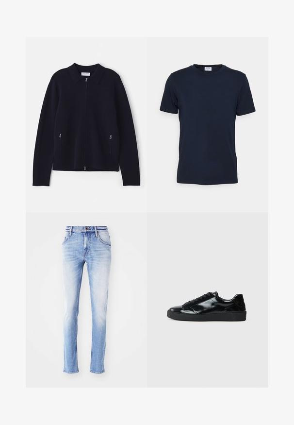Marineblå striktrøje med krave, fuld lynlås og sidelommer med lynlås. Blød tekstur og afslappet pasform med lange ærmer.; Marineblå crew-neck t-shirt lavet af blødt stof. Korte ærmer med en klassisk pasform, der har et mærke ved halsen. Glat tekstur, minimalistisk design.; Lyseblå denim jeans med en falmet finish, lige ben-snit, fem lommer, bæltestropper og enkelt knaplukning i taljen.; Sorte laklæder sneakers med rund tå, snørredesign, tekstureret gummisål og en glat overflade.